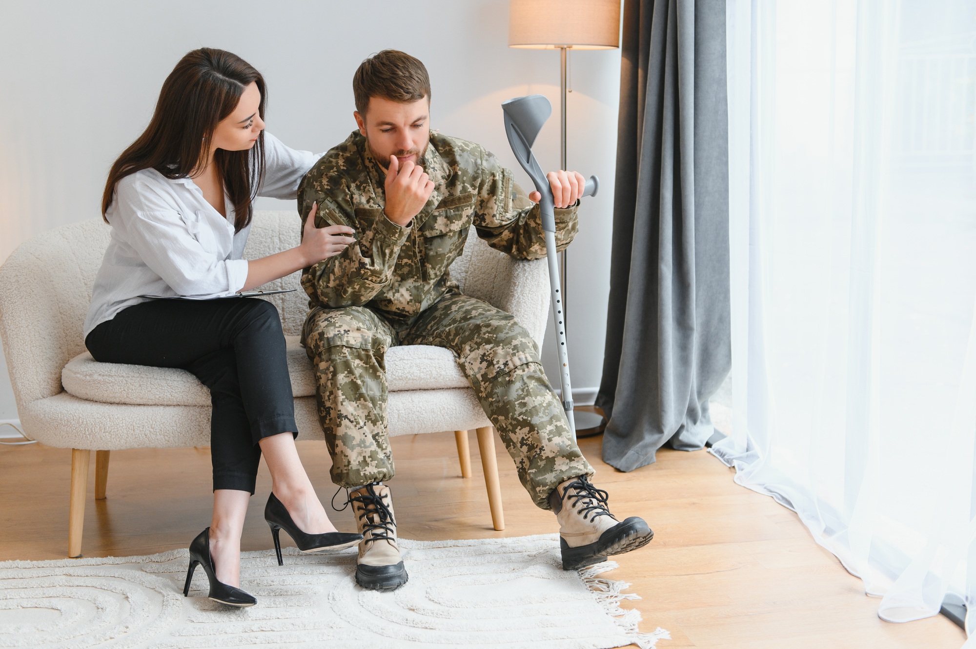 Army anger, ptsd and man in therapy with stress from war and a psychologist for support