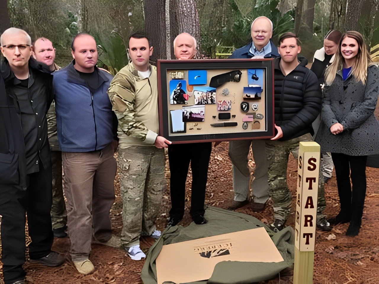 Group holding a framed military tribute at an outdoor ceremony.